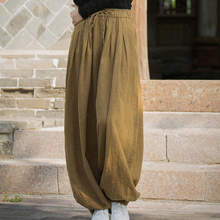 Pantalones casuales de algodón ramio con bolsillos y cintura holgada con lazo para mujer de Buddha Stones