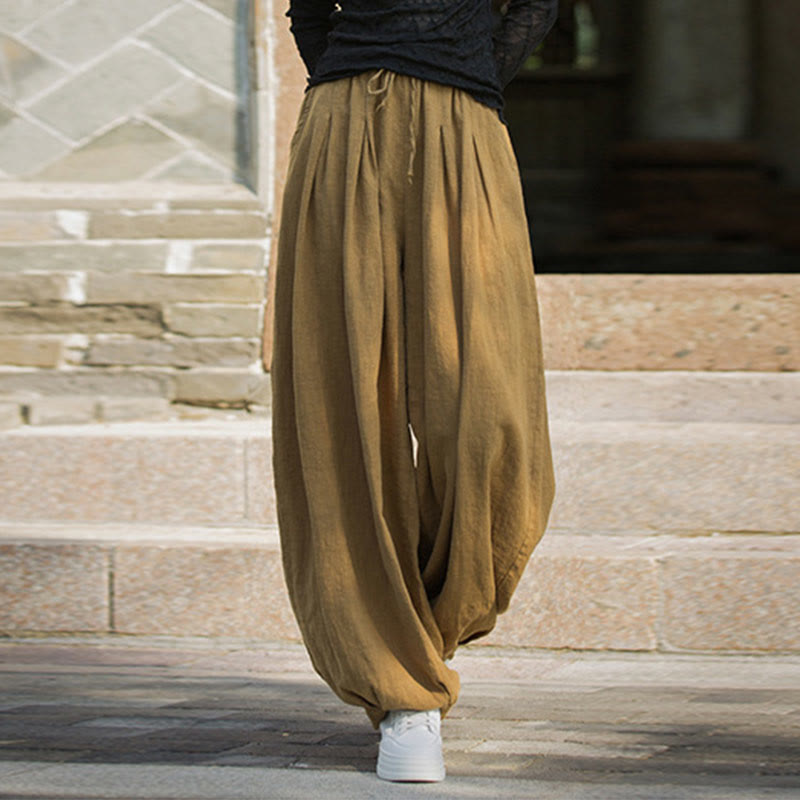 Pantalones casuales de algodón ramio con bolsillos y cintura holgada con lazo para mujer de Buddha Stones
