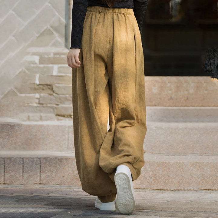 Pantalones casuales de algodón ramio con bolsillos y cintura holgada con lazo para mujer de Buddha Stones
