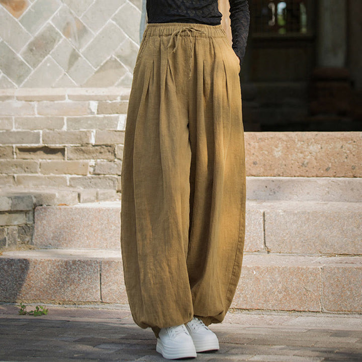 Pantalones casuales de algodón ramio con bolsillos y cintura holgada con lazo para mujer de Buddha Stones