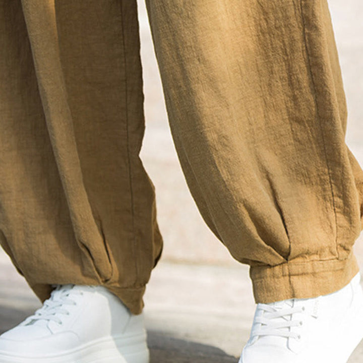 Pantalones casuales de algodón ramio con bolsillos y cintura holgada con lazo para mujer de Buddha Stones