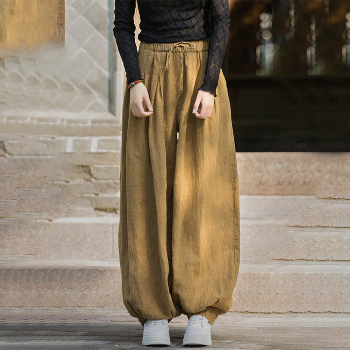 Pantalones casuales de algodón ramio con bolsillos y cintura holgada con lazo para mujer de Buddha Stones