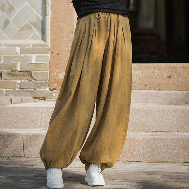 Pantalones casuales de algodón ramio con bolsillos y cintura holgada con lazo para mujer de Buddha Stones