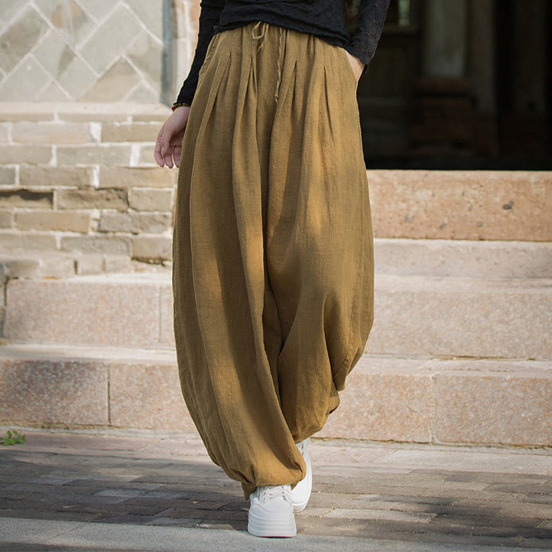 Pantalones casuales de algodón ramio con bolsillos y cintura holgada con lazo para mujer de Buddha Stones