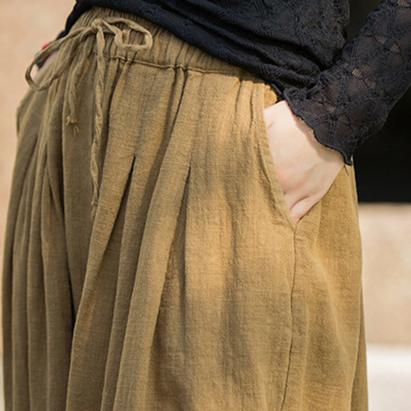 Pantalones casuales de algodón ramio con bolsillos y cintura holgada con lazo para mujer de Buddha Stones