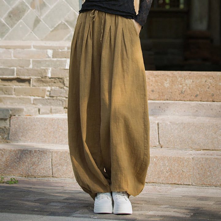 Pantalones casuales de algodón ramio con bolsillos y cintura holgada con lazo para mujer de Buddha Stones