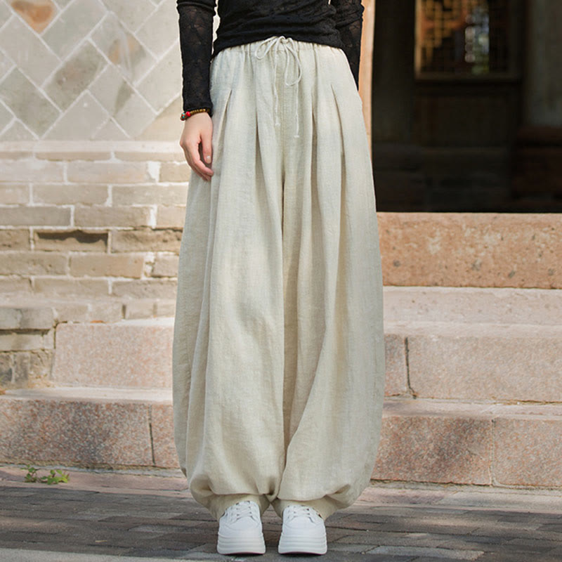 Pantalones casuales de algodón ramio con bolsillos y cintura holgada con lazo para mujer de Buddha Stones