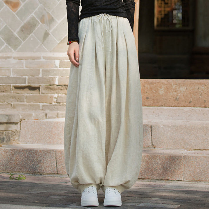 Pantalones casuales de algodón ramio con bolsillos y cintura holgada con lazo para mujer de Buddha Stones