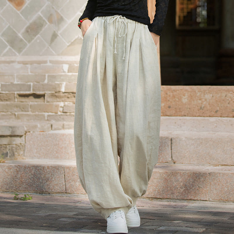 Pantalones casuales de algodón ramio con bolsillos y cintura holgada con lazo para mujer de Buddha Stones