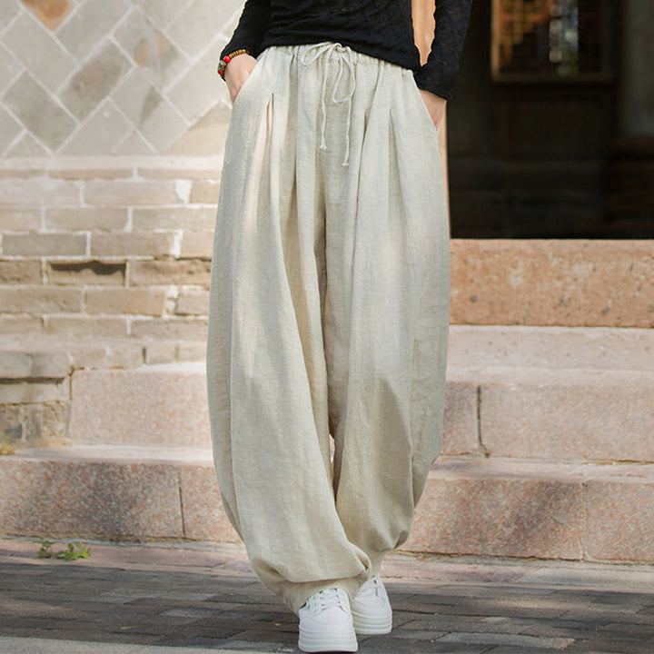 Pantalones casuales de algodón ramio con bolsillos y cintura holgada con lazo para mujer de Buddha Stones