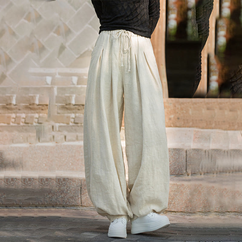 Pantalones casuales de algodón ramio con bolsillos y cintura holgada con lazo para mujer de Buddha Stones