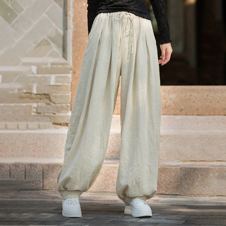 Pantalones casuales de algodón ramio con bolsillos y cintura holgada con lazo para mujer de Buddha Stones