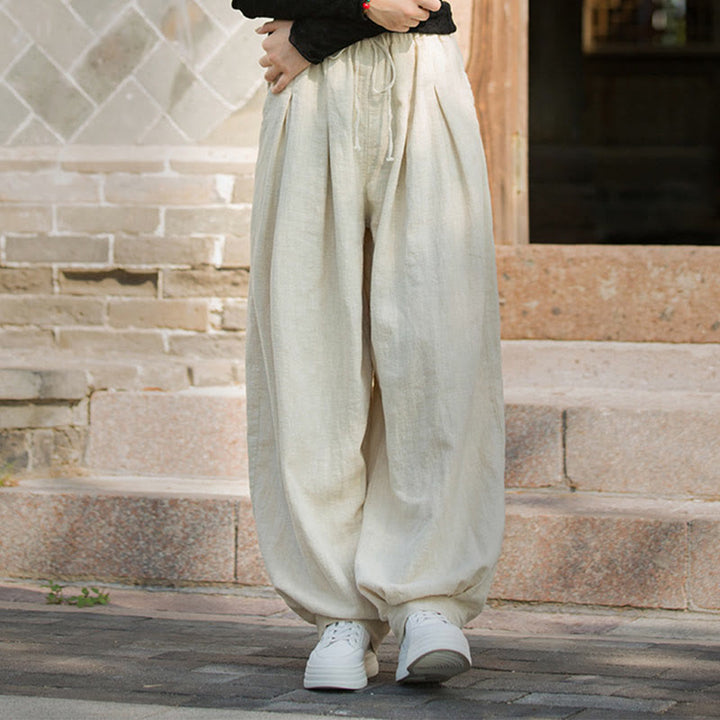 Pantalones casuales de algodón ramio con bolsillos y cintura holgada con lazo para mujer de Buddha Stones
