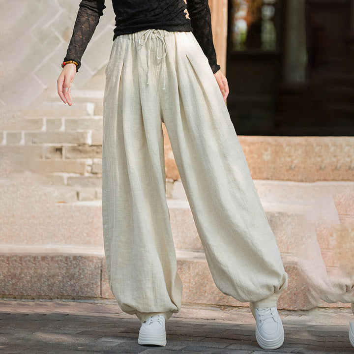 Pantalones casuales de algodón ramio con bolsillos y cintura holgada con lazo para mujer de Buddha Stones