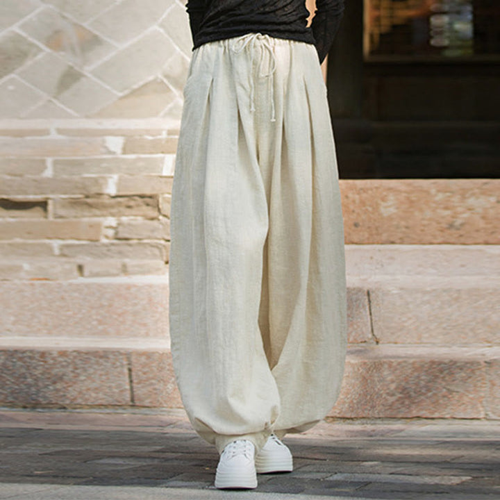 Pantalones casuales de algodón ramio con bolsillos y cintura holgada con lazo para mujer de Buddha Stones