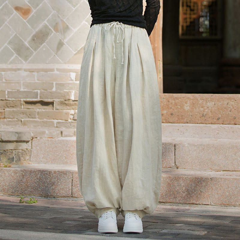 Pantalones casuales de algodón ramio con bolsillos y cintura holgada con lazo para mujer de Buddha Stones