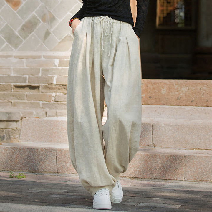 Pantalones casuales de algodón ramio con bolsillos y cintura holgada con lazo para mujer de Buddha Stones