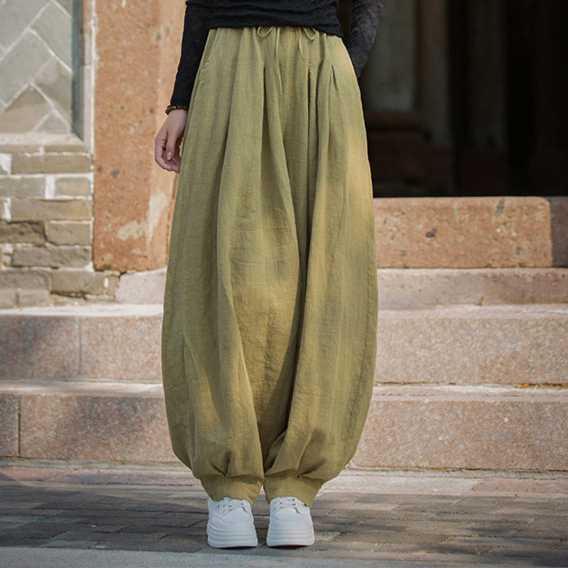 Pantalones casuales de algodón ramio con bolsillos y cintura holgada con lazo para mujer de Buddha Stones