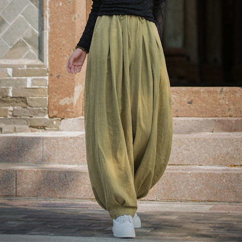 Pantalones casuales de algodón ramio con bolsillos y cintura holgada con lazo para mujer de Buddha Stones