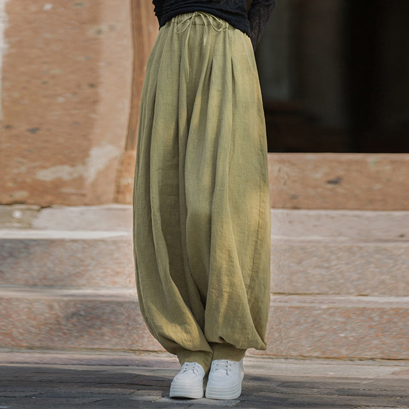 Pantalones casuales de algodón ramio con bolsillos y cintura holgada con lazo para mujer de Buddha Stones