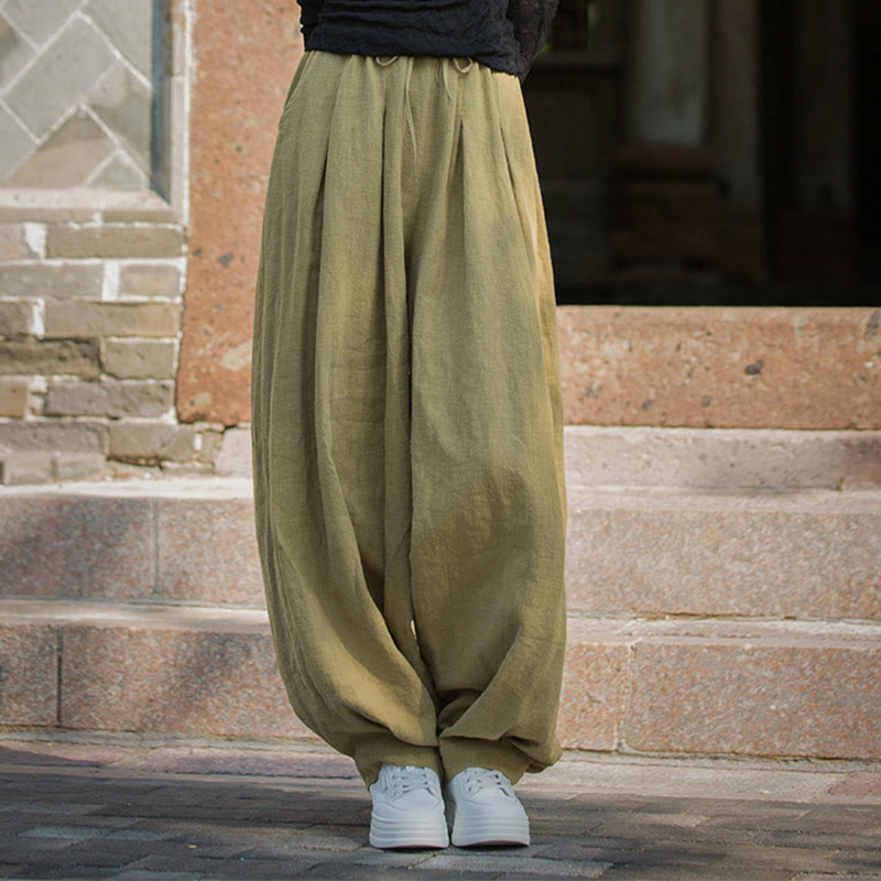 Pantalones casuales de algodón ramio con bolsillos y cintura holgada con lazo para mujer de Buddha Stones