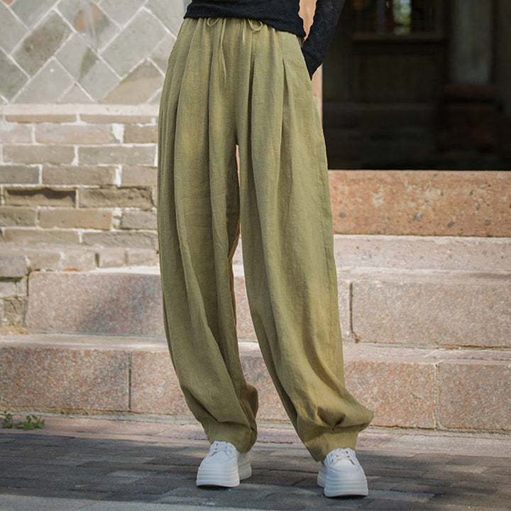 Pantalones casuales de algodón ramio con bolsillos y cintura holgada con lazo para mujer de Buddha Stones