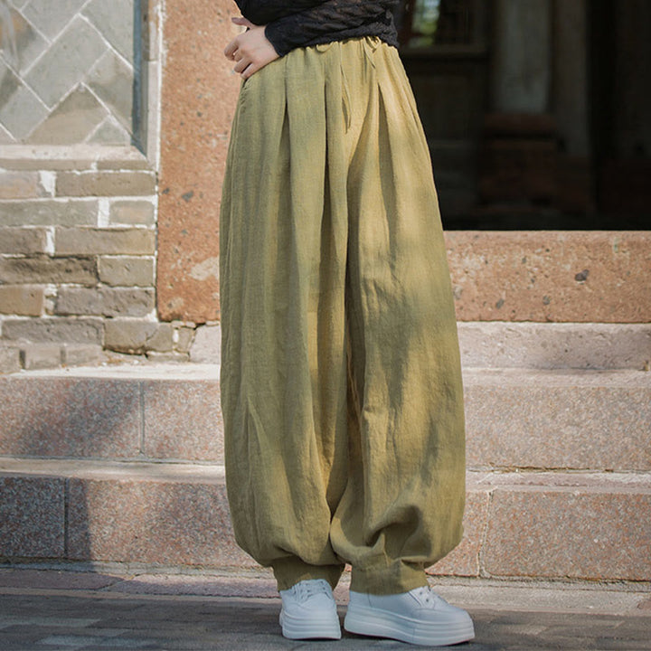 Pantalones casuales de algodón ramio con bolsillos y cintura holgada con lazo para mujer de Buddha Stones