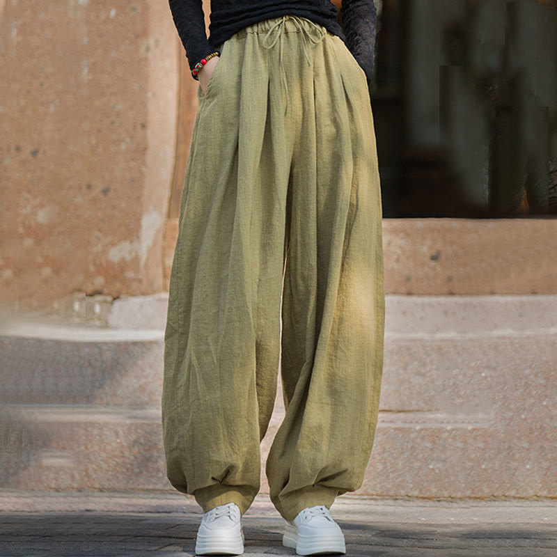 Pantalones casuales de algodón ramio con bolsillos y cintura holgada con lazo para mujer de Buddha Stones