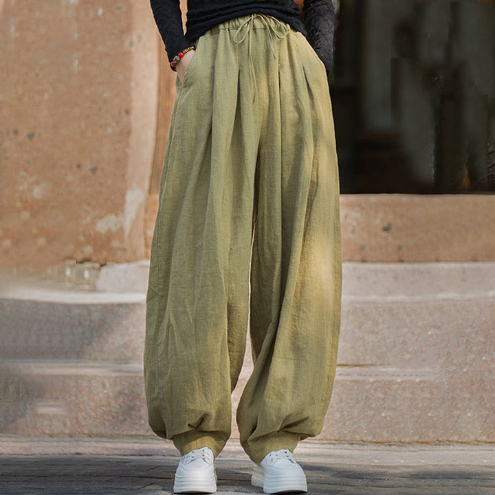 Pantalones casuales de algodón ramio con bolsillos y cintura holgada con lazo para mujer de Buddha Stones