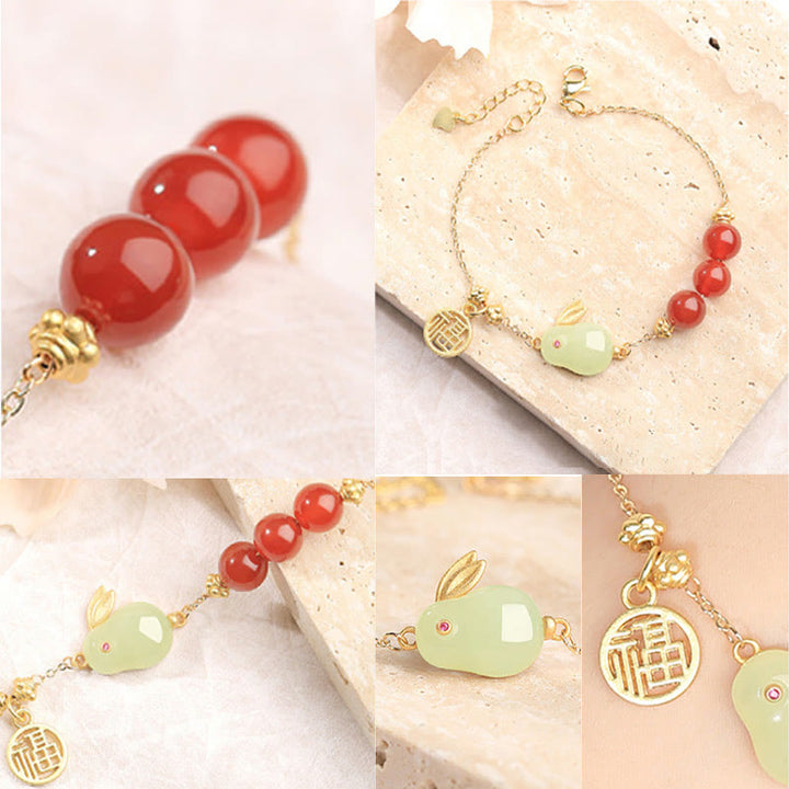 Pulsera con hebilla de cadena con símbolo de la suerte de conejo y jade hetiano con cuentas de ágata roja y Buddha Stones