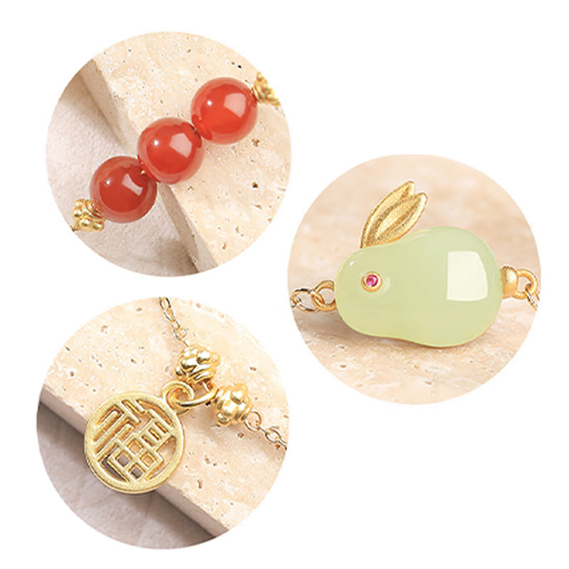 Pulsera con hebilla de cadena con símbolo de la suerte de conejo y jade hetiano con cuentas de ágata roja y Buddha Stones