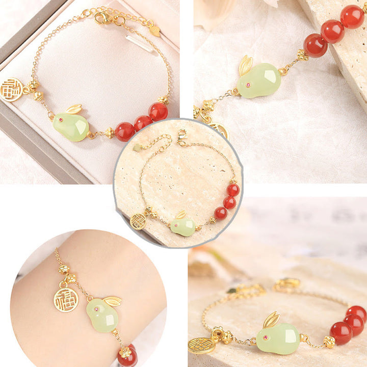 Pulsera con hebilla de cadena con símbolo de la suerte de conejo y jade hetiano con cuentas de ágata roja y Buddha Stones