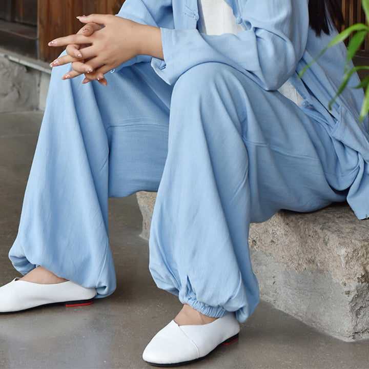 Pantalones de lino holgados informales con bolsillos y diseño de Buddha Stones para mujer