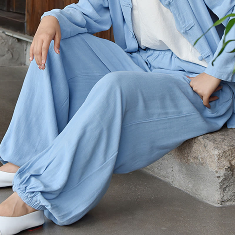 Pantalones de lino holgados informales con bolsillos y diseño de Buddha Stones para mujer