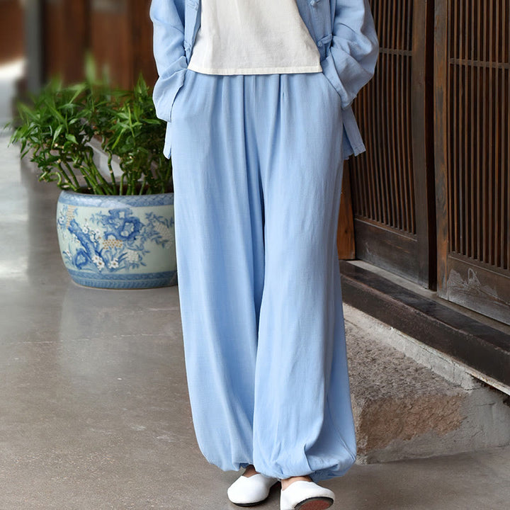 Pantalones de lino holgados informales con bolsillos y diseño de Buddha Stones para mujer