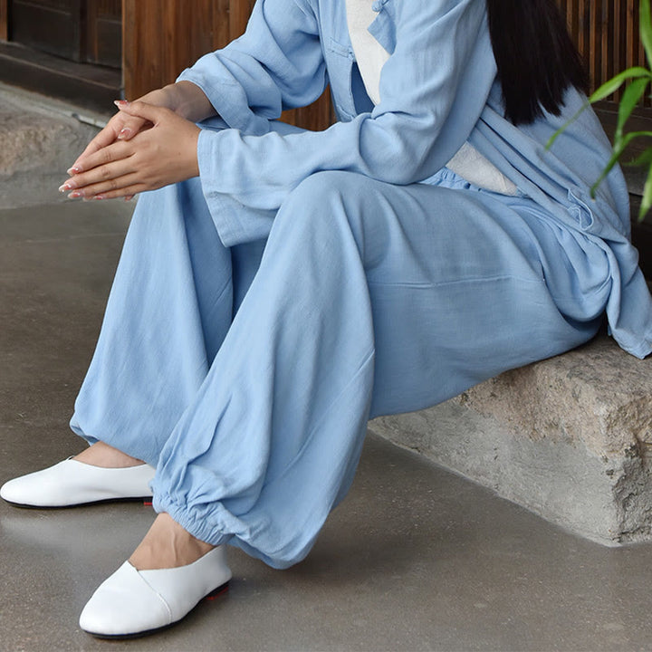 Pantalones de lino holgados informales con bolsillos y diseño de Buddha Stones para mujer