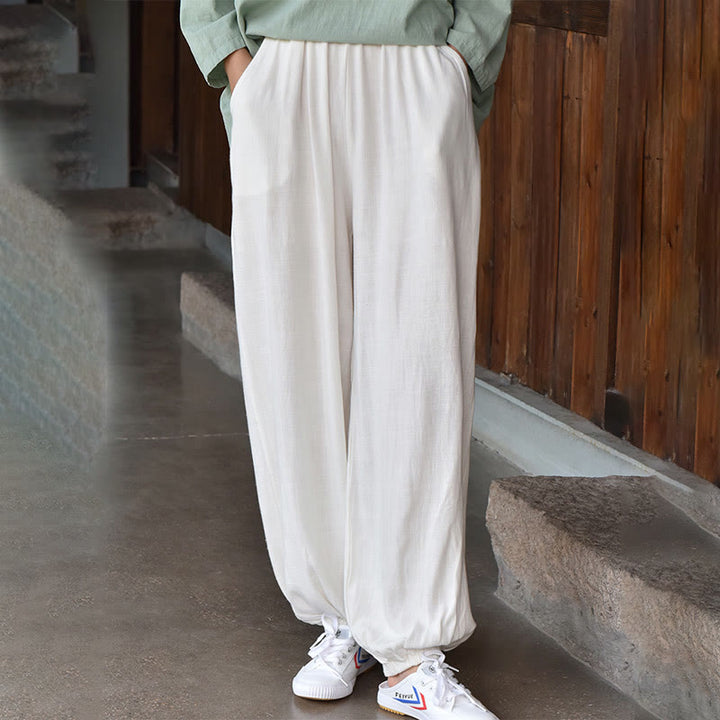 Pantalones de lino holgados informales con bolsillos y diseño de Buddha Stones para mujer