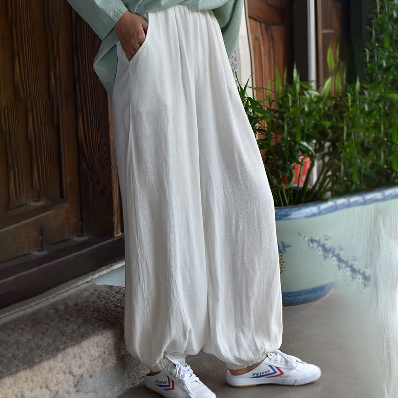 Pantalones de lino holgados informales con bolsillos y diseño de Buddha Stones para mujer