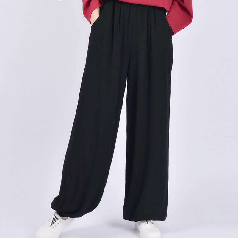 Pantalones de lino holgados informales con bolsillos y diseño de Buddha Stones para mujer