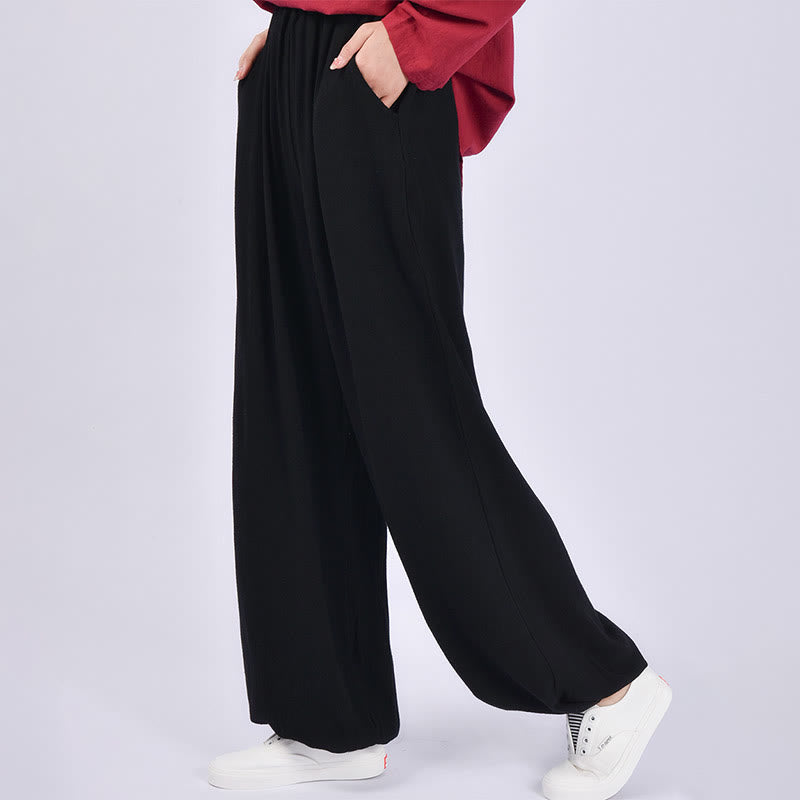 Pantalones de lino holgados informales con bolsillos y diseño de Buddha Stones para mujer
