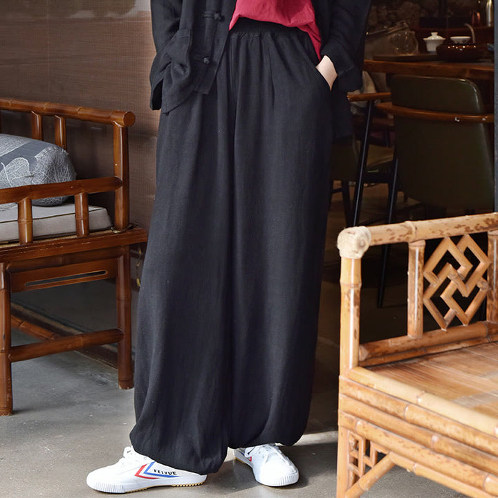 Pantalones de lino holgados informales con bolsillos y diseño de Buddha Stones para mujer