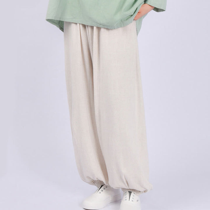 Pantalones de lino holgados informales con bolsillos y diseño de Buddha Stones para mujer