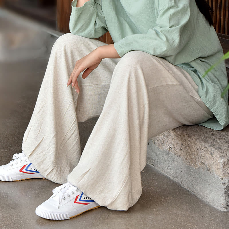 Pantalones de lino holgados informales con bolsillos y diseño de Buddha Stones para mujer