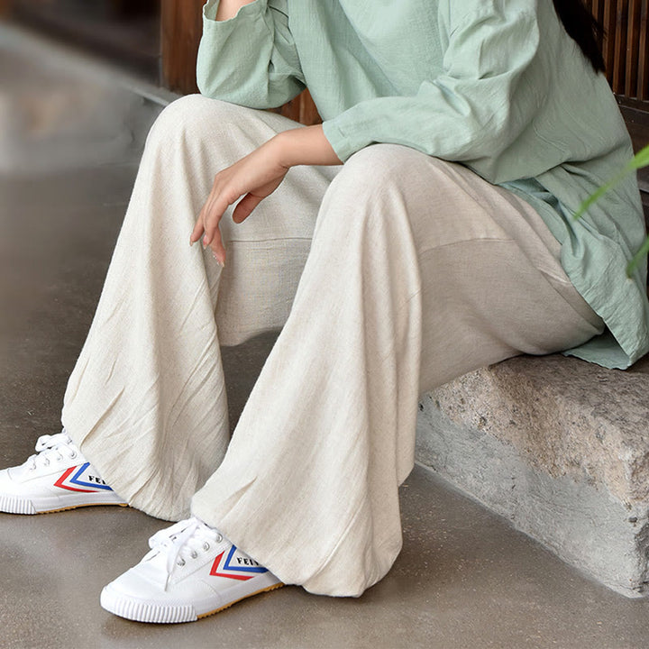 Pantalones de lino holgados informales con bolsillos y diseño de Buddha Stones para mujer
