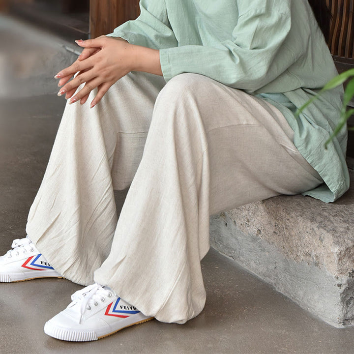 Pantalones de lino holgados informales con bolsillos y diseño de Buddha Stones para mujer