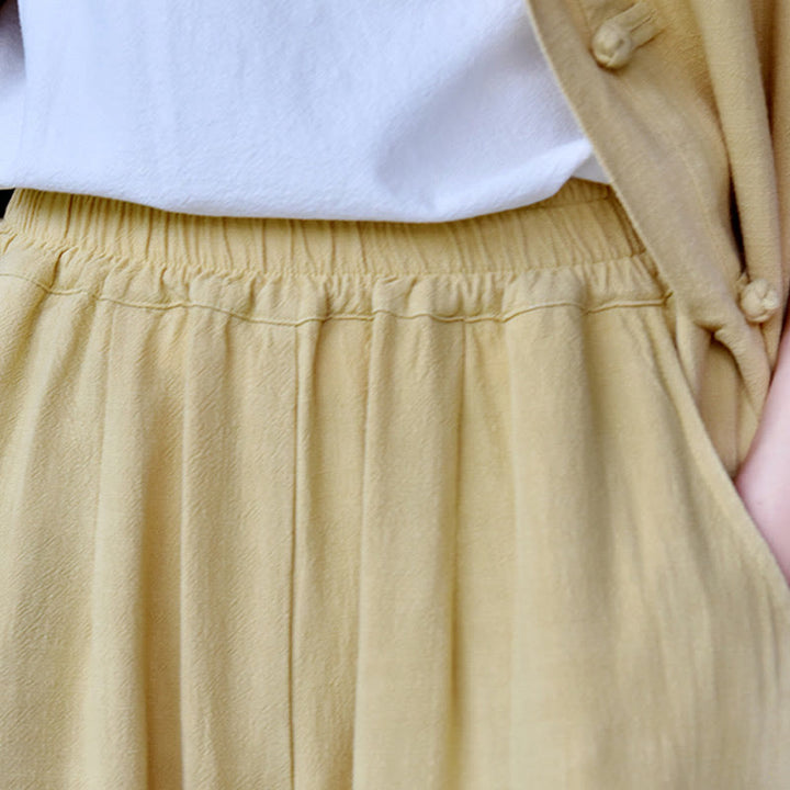 Pantalones de lino holgados informales con bolsillos y diseño de Buddha Stones para mujer