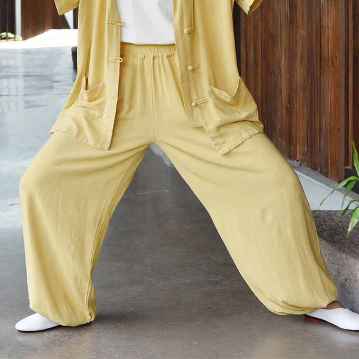 Pantalones de lino holgados informales con bolsillos y diseño de Buddha Stones para mujer