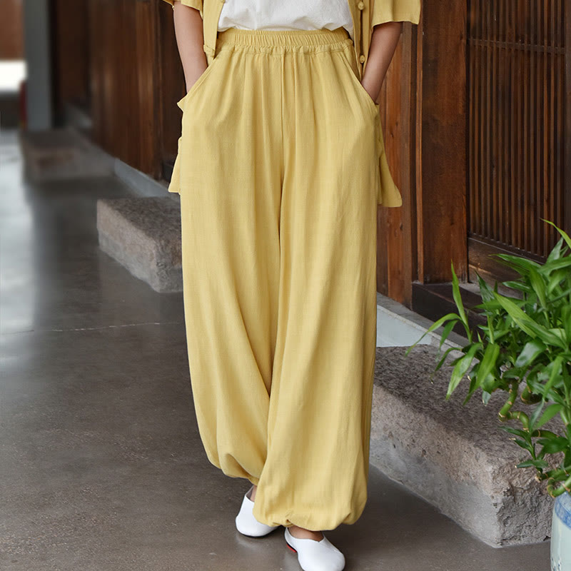 Pantalones de lino holgados informales con bolsillos y diseño de Buddha Stones para mujer