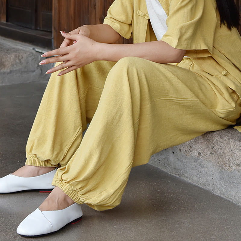 Pantalones de lino holgados informales con bolsillos y diseño de Buddha Stones para mujer