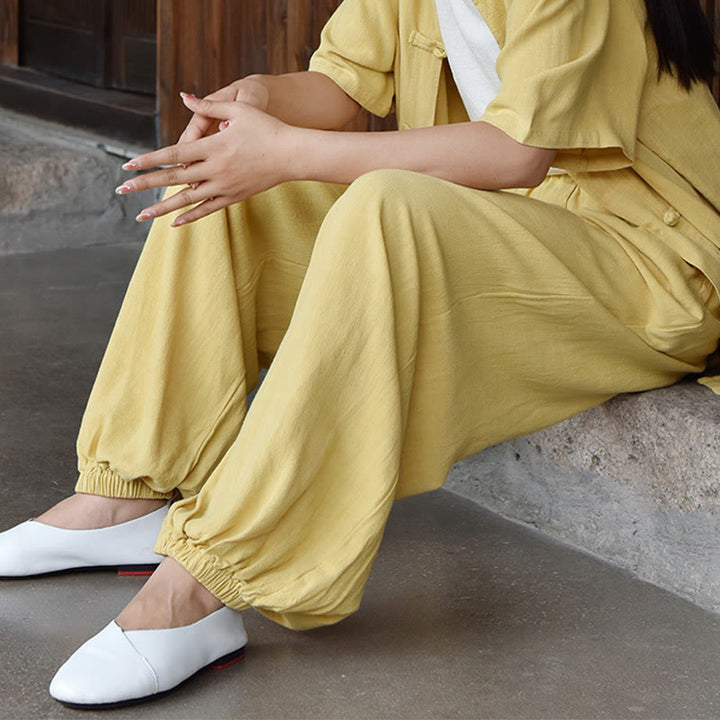 Pantalones de lino holgados informales con bolsillos y diseño de Buddha Stones para mujer